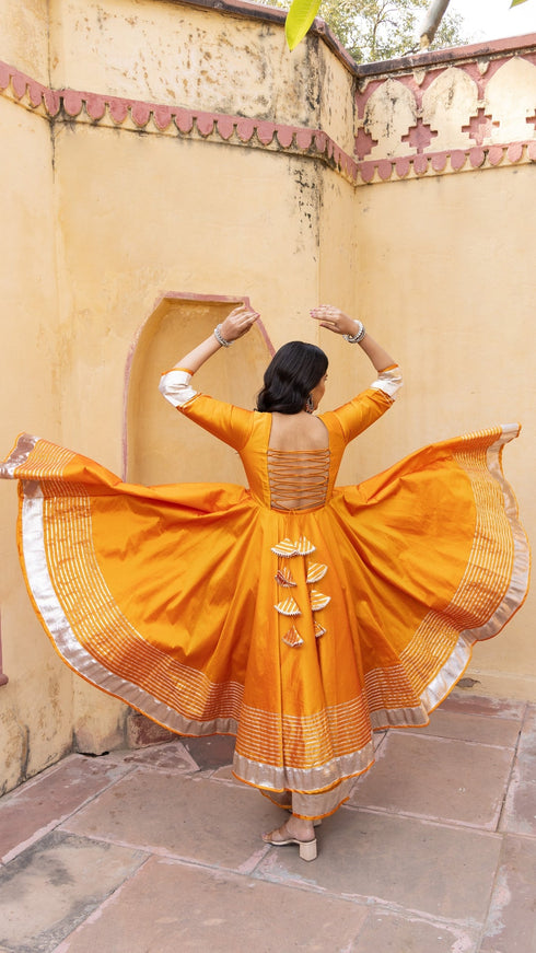 Pomcha Jaipur Amber Orange Taffeta Silk Anarkali Set